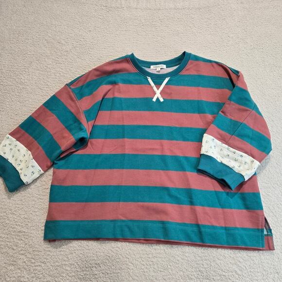 Wishlist Tops - NEW Wishlist Teal Striped T-shirt Floral Contrast Sleeve Oversized Boxy Sz S
